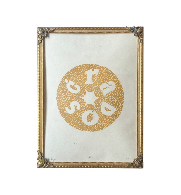 Radość 38/50 - złoty linoryt w metalowej ramce vintage